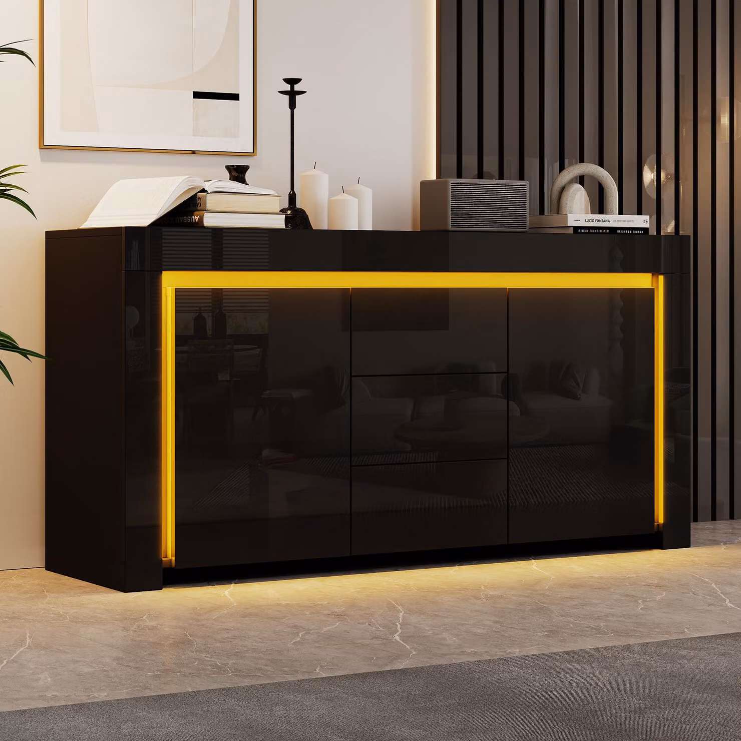 Mobile bar Merax con finitura lucida e illuminazione LED, mobiletto contenitore con 3 cassetti e 2 ante, armadio per il soggiorno con ripiani interni regolabili, mobiletto laterale in MDF, colore nero