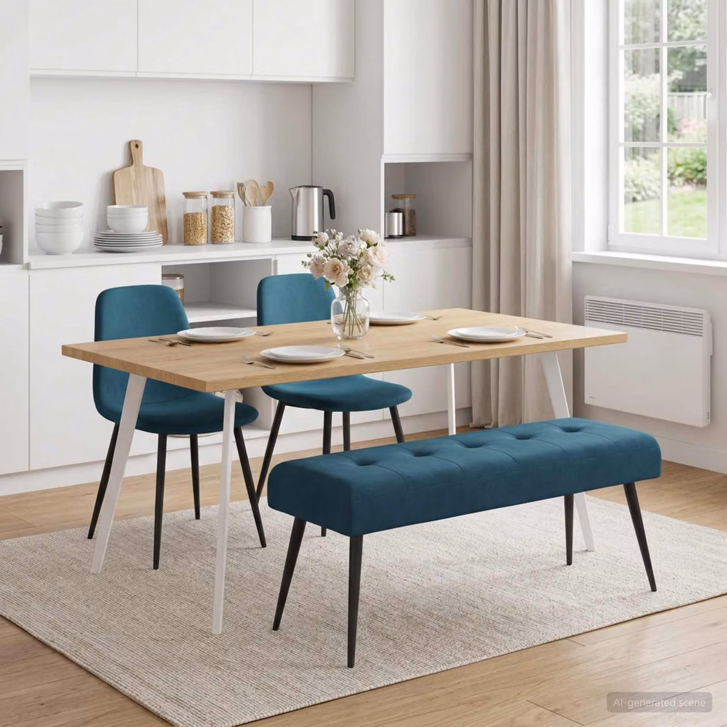 Panchina moderna vidaXL in velluto blu con bottoni imbottiti, L 110 x P 40 x H 46 cm