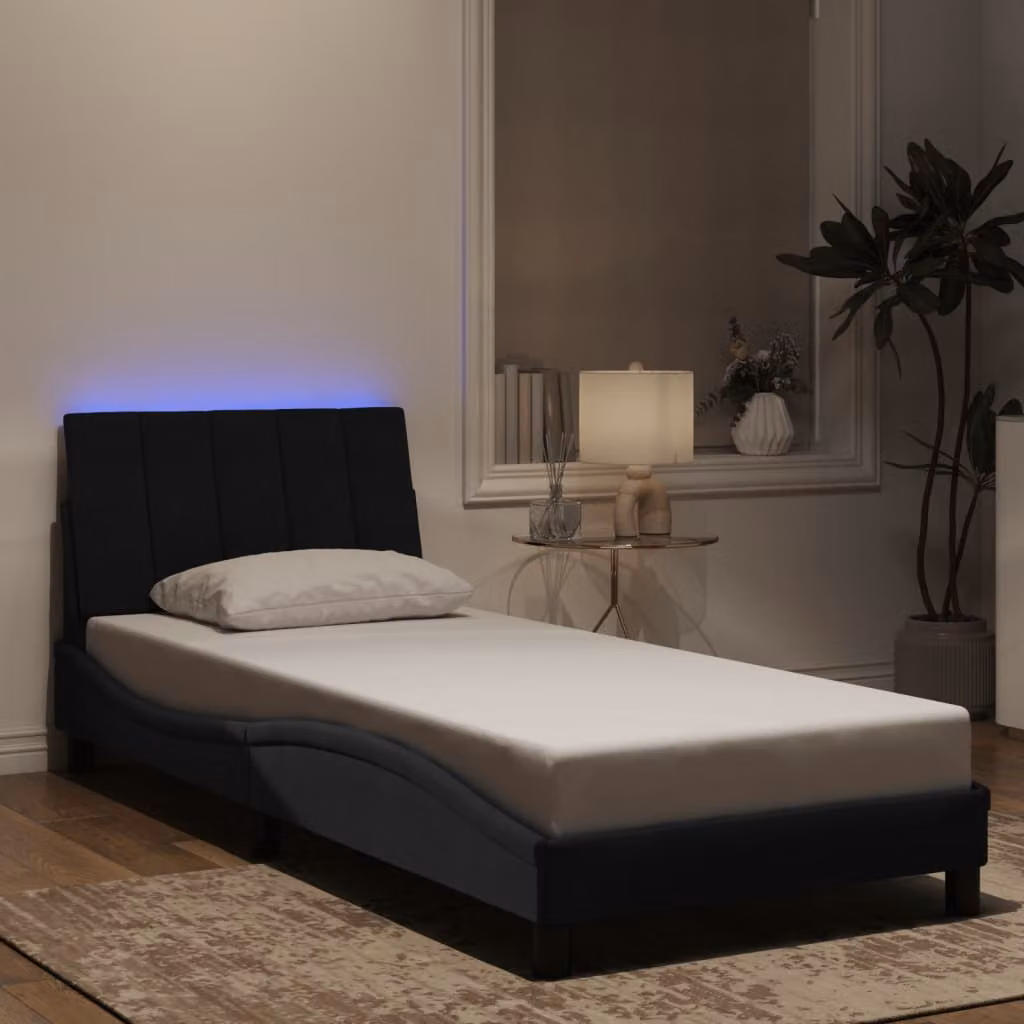 vidaXL Giroletto Hanko Nero in Velluto con Illuminazione LED e Porta USB, L/P/H: 200 x 90 x 74,5 cm – 1