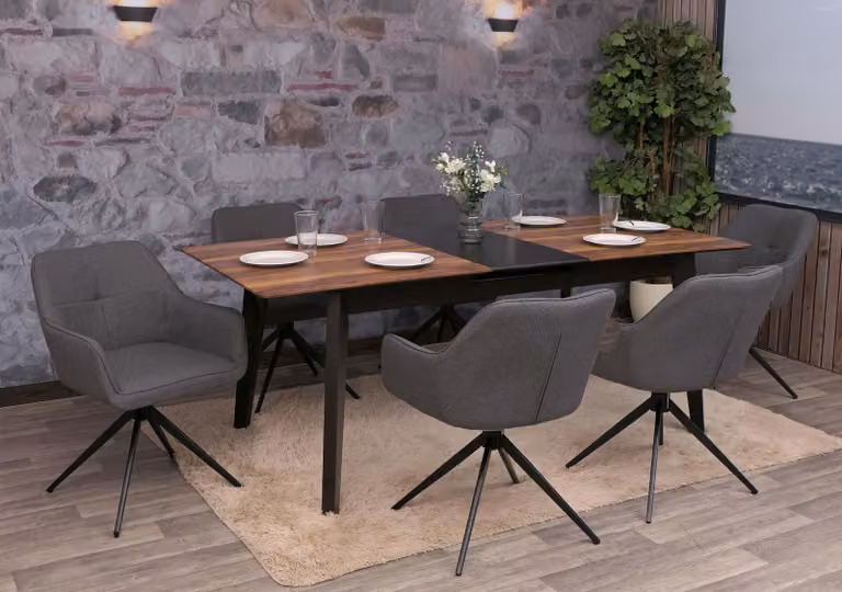 set di 6 sedie da pranzo HWC-O47, braccioli per sedie da cucina, girevoli a ritorno automatico, tessuto/tessuto (270g/m²) ~ grigio