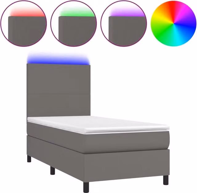 Letto singolo | Letto per adulti | Giroletto Molle con Materasso e LED Grigio 90x190cm Similpelle