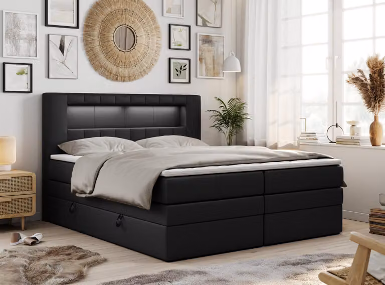 Letto boxspring con testiera LED e topper - GOLD-5-KING - 160x200 cm - Nero - Media rigidità (H3)