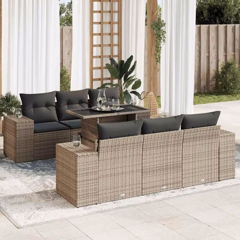 Set di divani da giardino vidaXL in polyrattan con cuscini, 7 pezzi, grigio