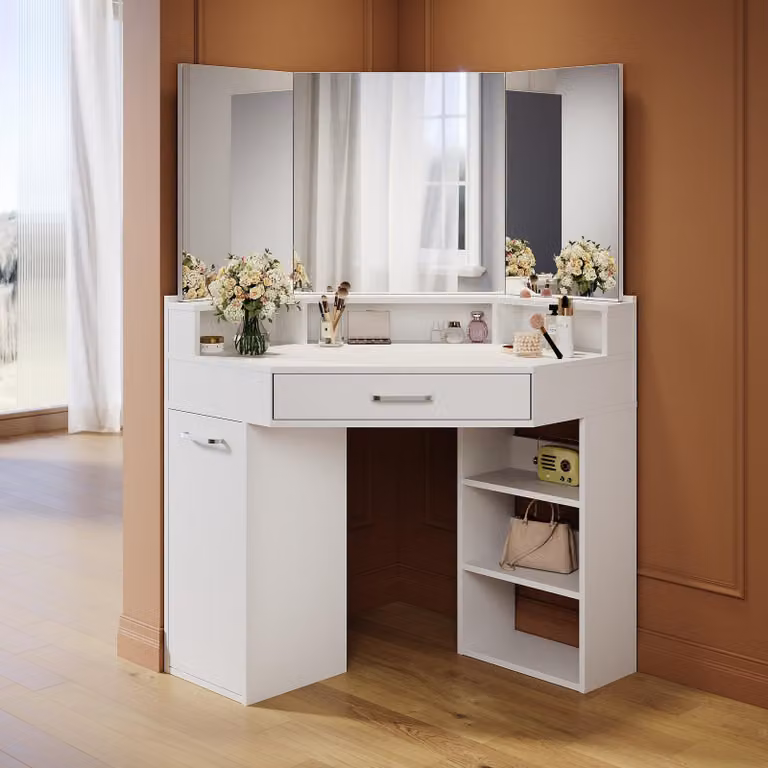 SONNI 141,5 x 54 x 111 cm bianco Comodino con cassetti, specchi mobili a destra e a sinistra