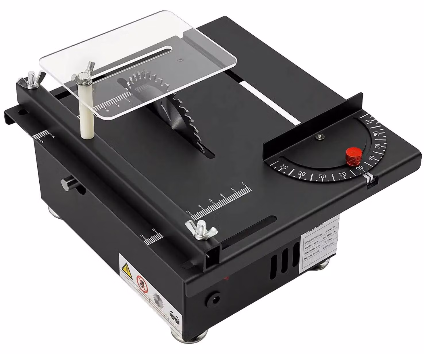 Mini sega circolare da banco, potenza di 200W, profondità di taglio massima di 30 mm, velocità a vuoto di 10000 giri/min, angolo di taglio regolabile da 0° a 90°, con 7 posizioni