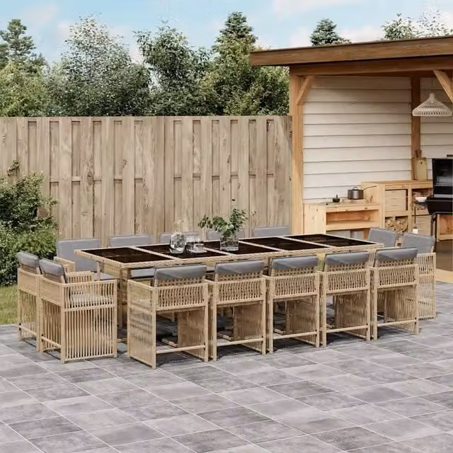Set Pranzo da Giardino vidaXL in Polyrattan con Cuscini Beige e Grigio e Tavolo in Vetro 15 pz
