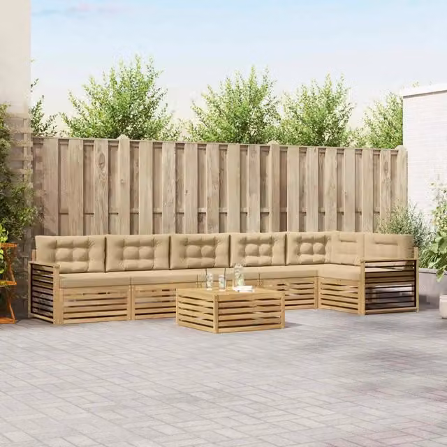 Set di divani da esterno a L vidaXL in legno di acacia con cuscini, Bianco e Beige – 1