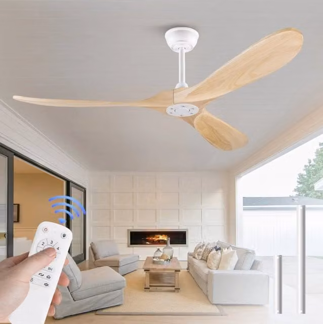 Ventilatore da soffitto senza luce con 6 velocità; metallo e legno; bianco e naturale