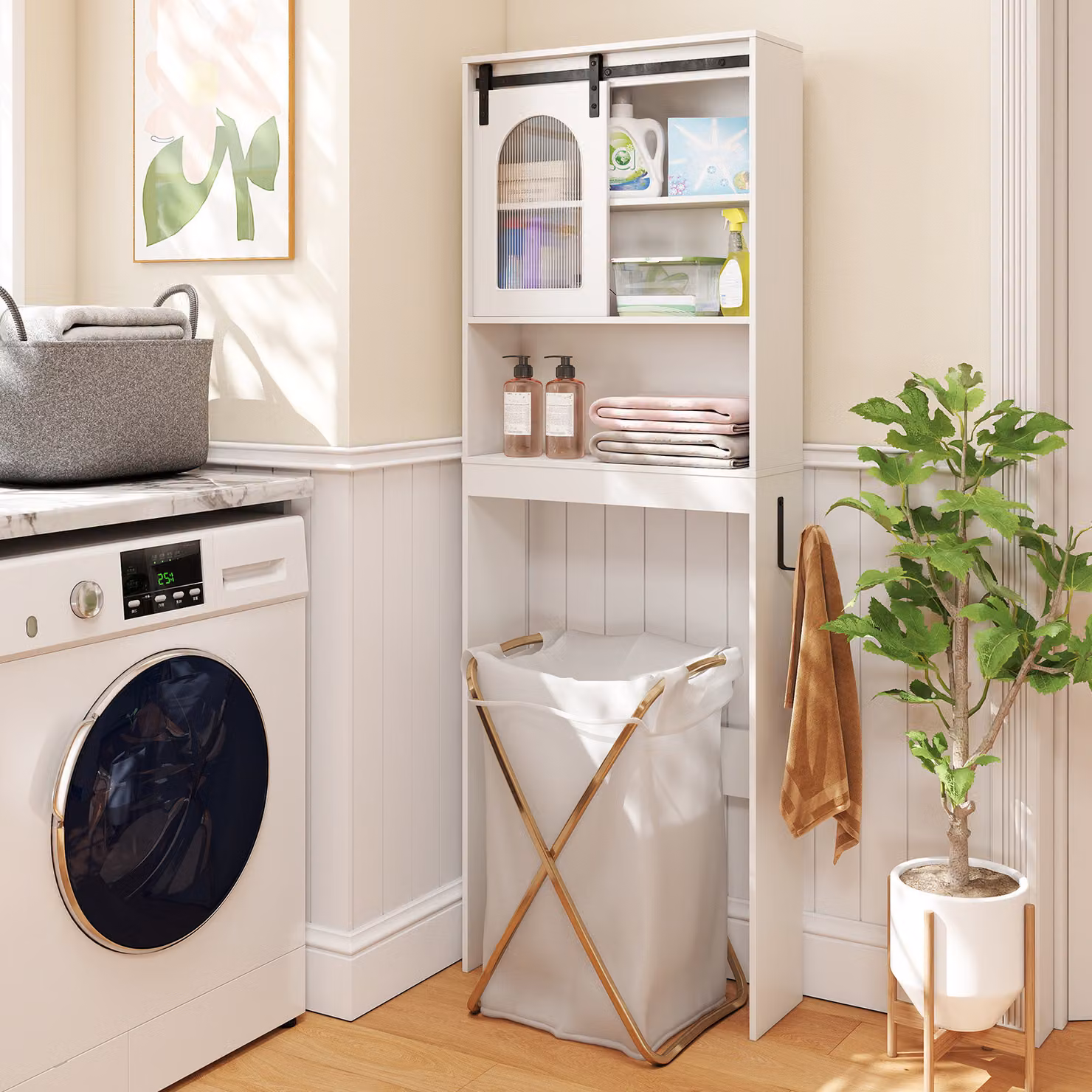Armadietto da bagno Costway bianco con ante scorrevoli stile fienile e mensole aperte