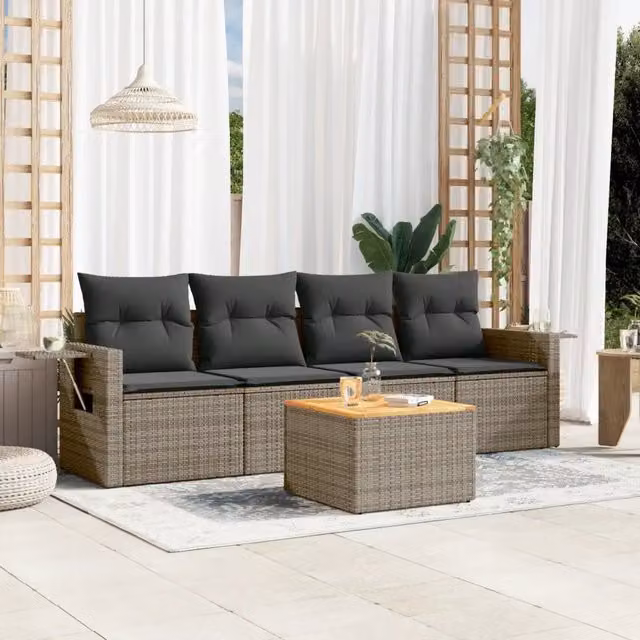 Set Divano da Giardino 5 pz con Cuscini-Sofa da Giardino-Divanetto da esterno Grigio in Polyrattan 390214