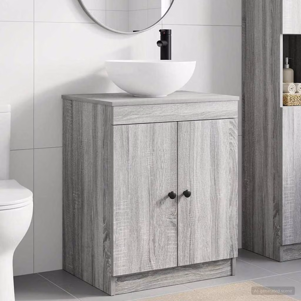 Set di mobili per il bagno vidaXL moderno in legno ingegnerizzato e metallo grigio e nero con vanità e ante a cerniera