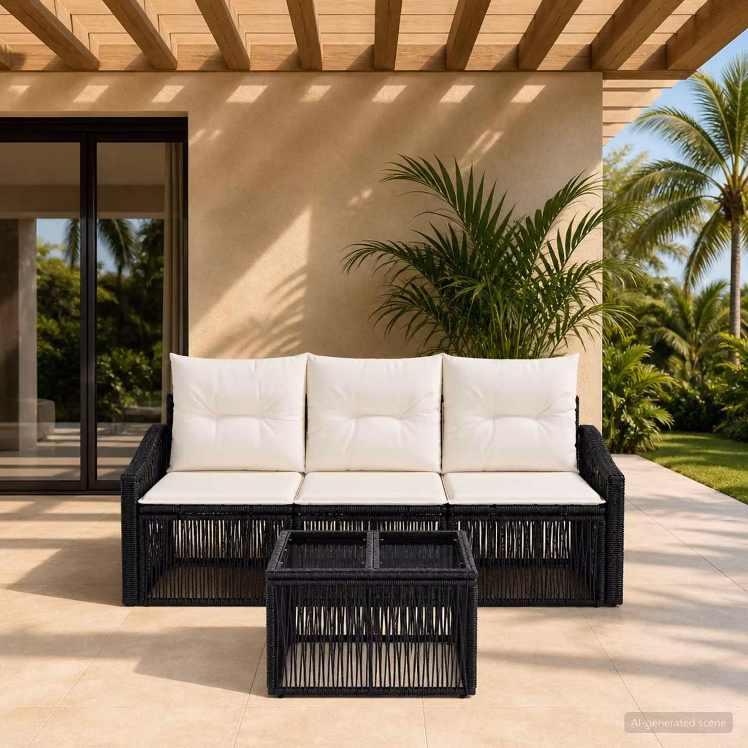 Set Divano da Giardino vidaXL 4 Pezzi Moderno Nero con Tavolino e Cuscini Imbottiti in Polyrattan e Metallo