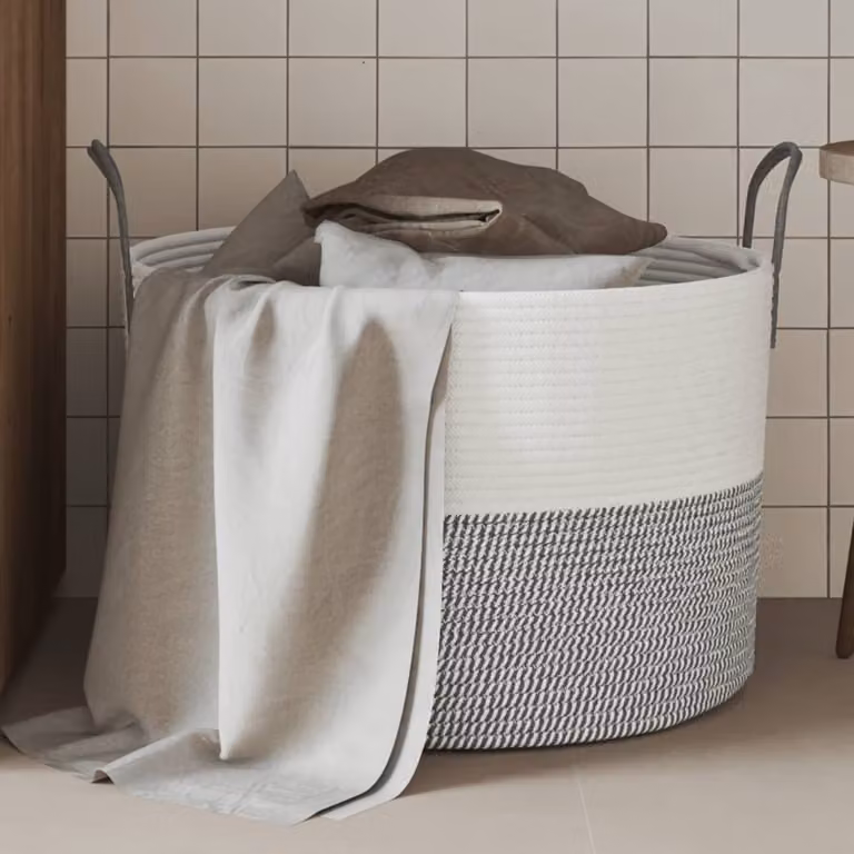 Cestino portaoggetti vidaXL multicolore grigio e bianco in tessuto con maniglie e design a trama aperta Ø51 x 33 cm