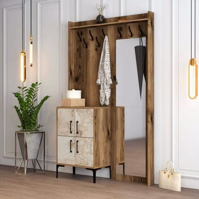 Mobile da ingresso Isidore DMORA, composizione appendiabiti e consolle portaoggetti per atrio, L 120 cm x P 35 cm x H 200 cm, Noce e Bianco – 1