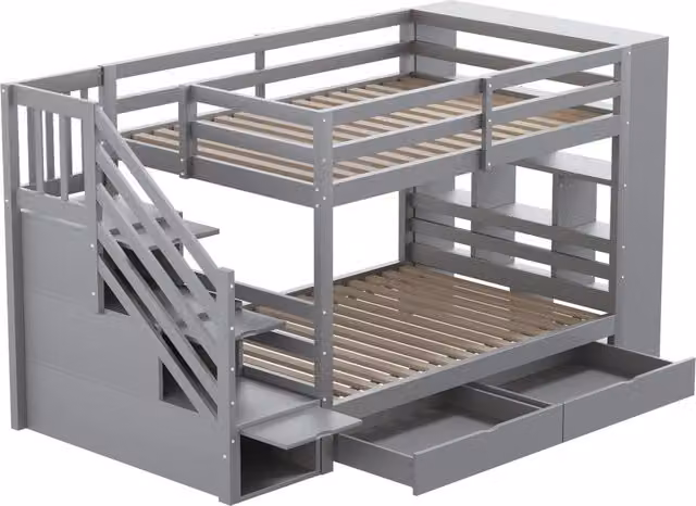 Letto a castello in pino 90x200 cm con scala di sicurezza, cassetti contenitori e ampi vani portaoggetti, struttura robusta, finitura bianco/grigio