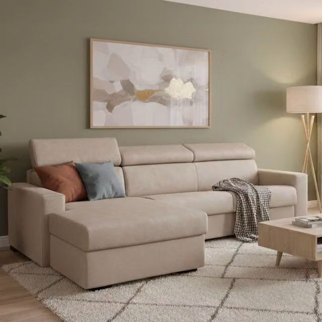 Alibabah Divano Letto Moderno con Penisola e Poggiatesta Regolabile, Made in Italy, Beige, L/P/H: 280 x 95 x 102 cm – 1