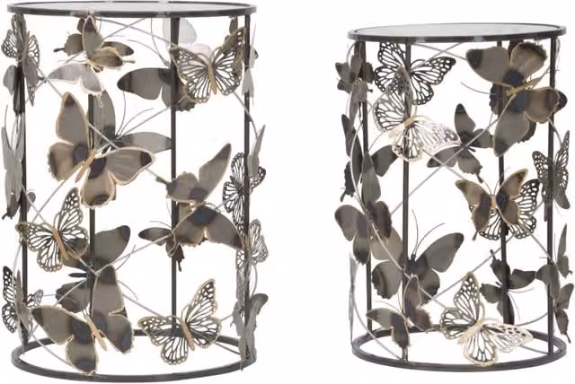 Coppia di tavolini Farfalle Charme1921 con piano in vetro e struttura in metallo per soggiorno, L/P/H: 41,3 x 55 x 35 cm e 50,3 cm – 1