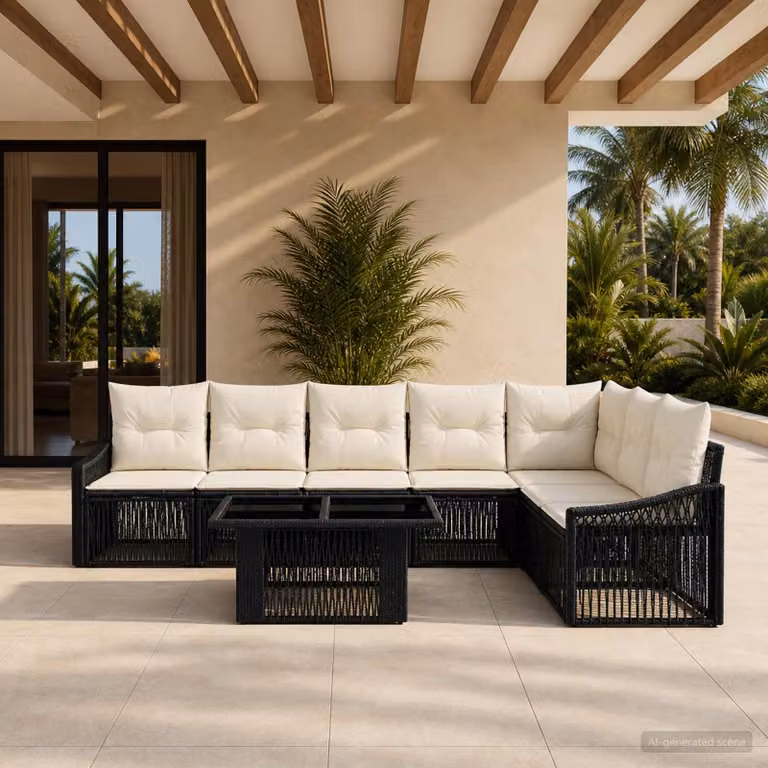 Set Divano da Giardino vidaXL 8 pz in Polyrattan Nero e Bianco Crema con Cuscini e Tavolino