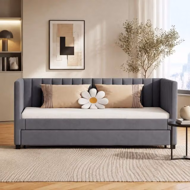 Divano Letto Estraibile 90x200 cm in Velluto Grigio con Rete a Doghe, Letto Multifunzionale per Bambini e Ospiti