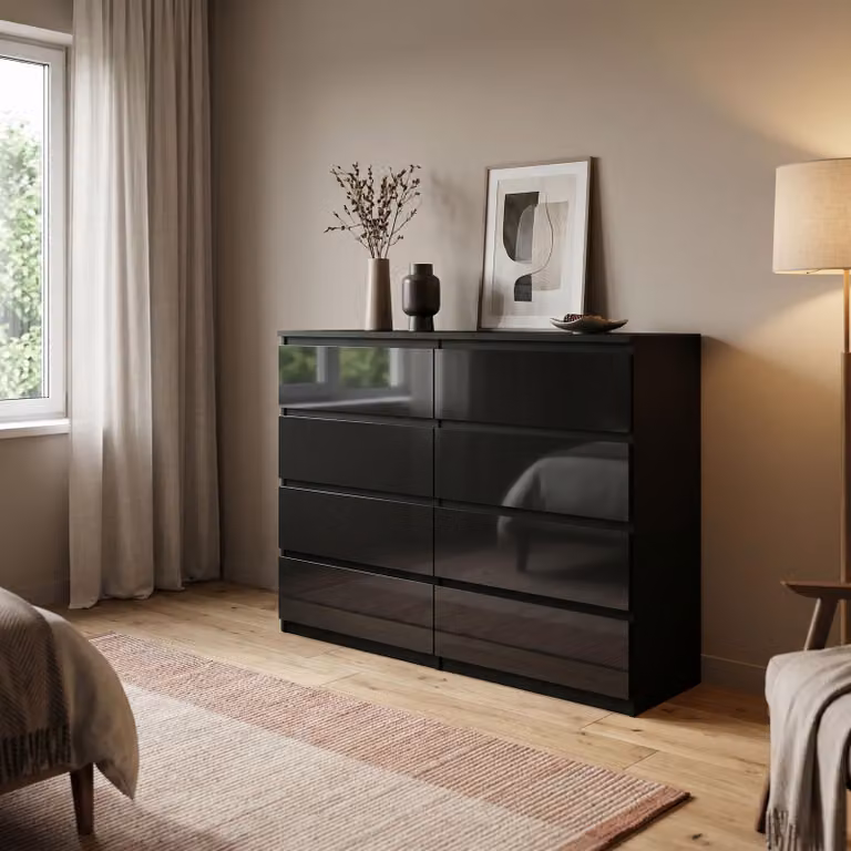 Comodà Masseno NUDO da 120 cm con 8 cassetti e ante, per soggiorno e camera da letto, stile moderno, 120x39x101,5 cm, nero / nero
