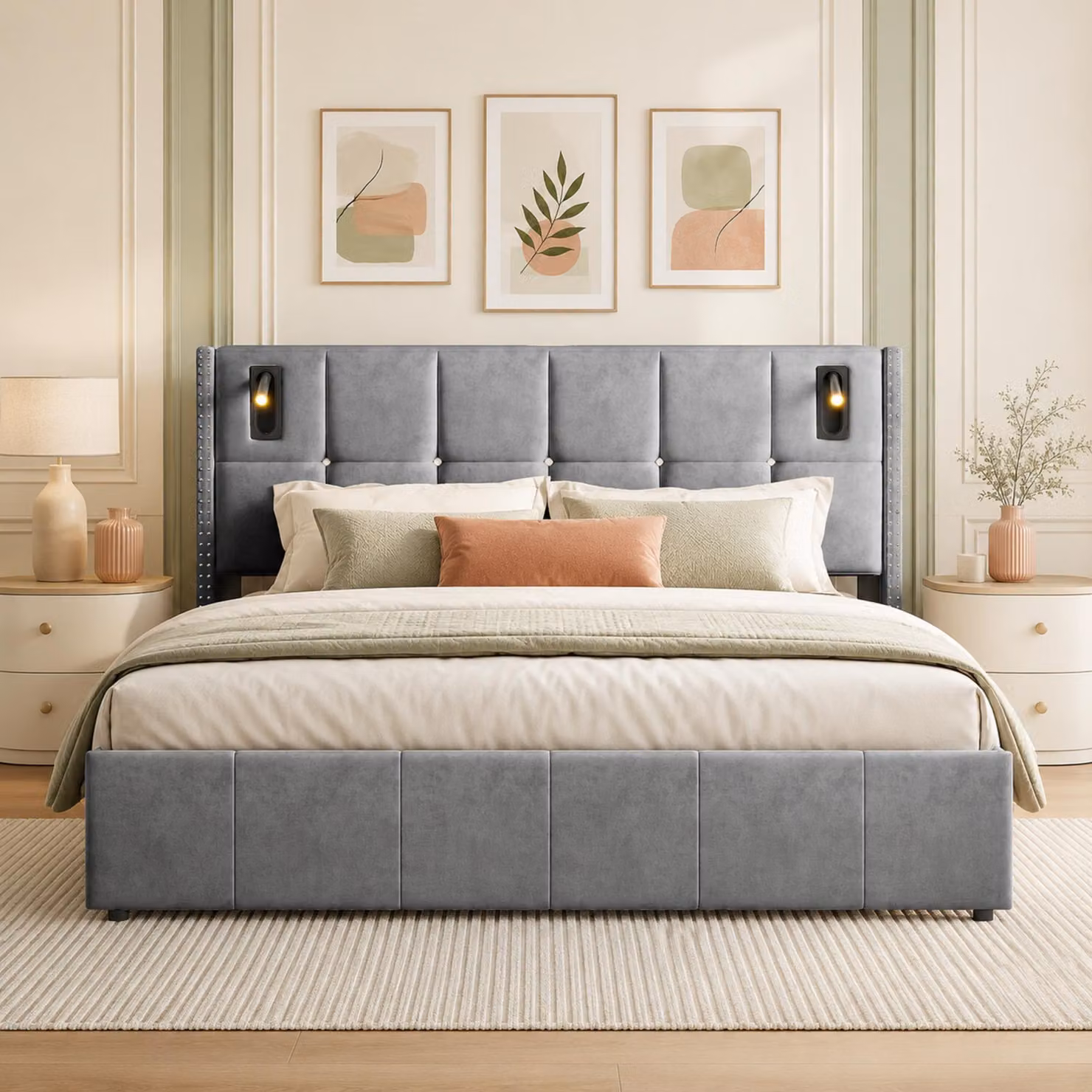 Letto imbottito INONEFT 140x200 cm con LED e porta USB di tipo C, letto con box e contenitore, letto matrimoniale per giovani con spazio contenitivo, rivestito in velluto grigio