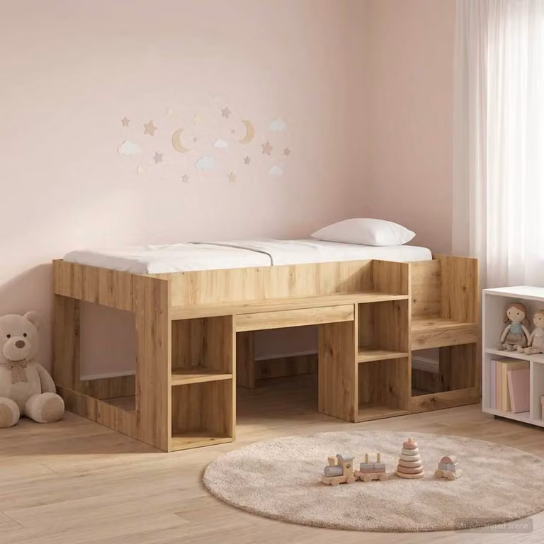 Letto a castello singolo per bambini vidaXL con ripostiglio e scale, colore rovere/marrone, L/P/H: 160 x 80 x 108,5 cm