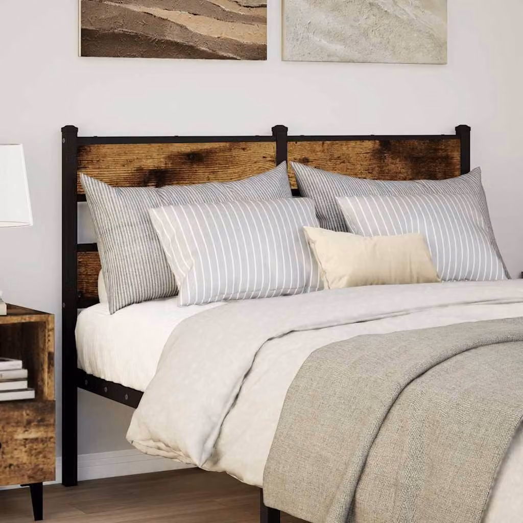 Testiera di ricambio vidaXL in ferro e legno multistrato, colore rovere fumo e nero, L: 142 cm, H: 91,5 cm