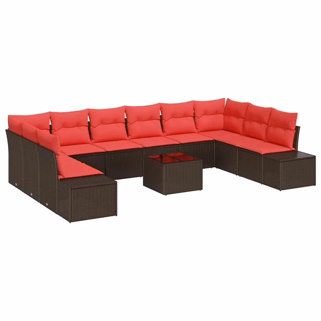 Set Divano da Giardino vidaXL a Forma a U con 9 Posti, Colore Marrone e Rosso, Struttura in Acciaio e Cuscini Inclusi – 2