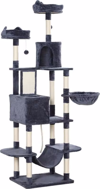 Albero per gatti Moonbite, altezza 206 cm, adatto per 1-3 gatti, con 2 letti, 2 rifugi, amache, pali in sisal e sistema di fissaggio a parete per maggiore sicurezza, realizzato in poliestere, colore grigio scuro