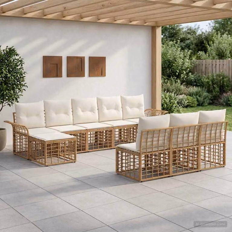 vidaXL Set di divani da esterno 9 pz a forma di U con cuscini in stile rustico, colore beige e bianco crema