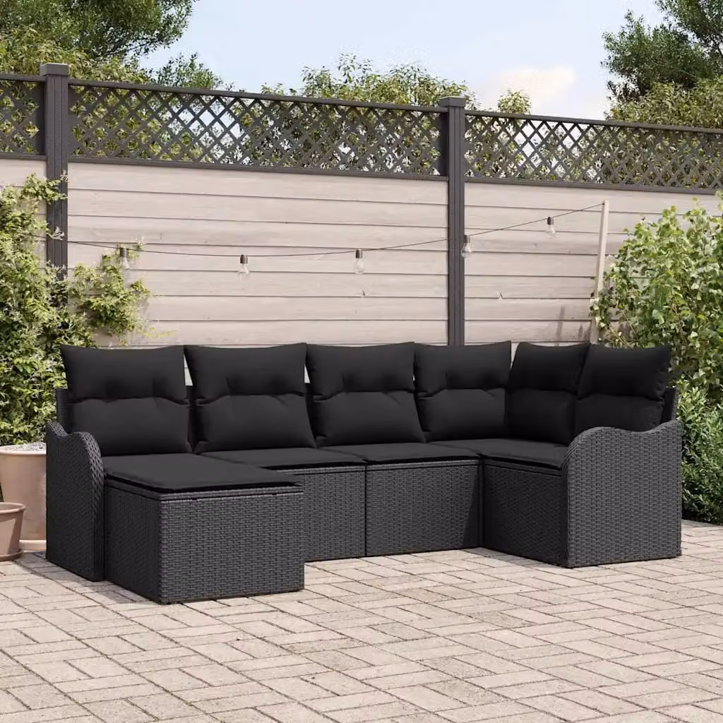 Set Divano da Giardino a L vidaXL in Polyrattan Nero con Cuscini e Ottoman, 6 Pezzi – 1