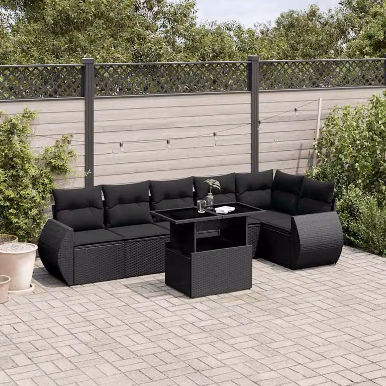 Set Divani da Giardino vidaXL a Forma di L in Polyrattan Nero con 7 Cuscini e Tavolino da Esterno