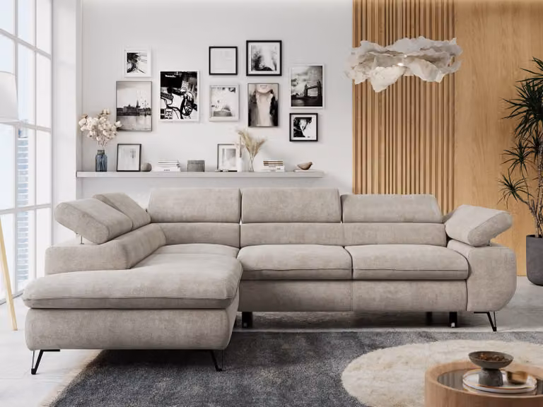 Divano angolare Beige, zona giorno a L con funzione letto e rete, divano letto con rete, divano con poggiatesta regolabili, Peter L - Struttura Beige - Sinistra Beige