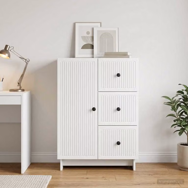 Credenza moderna vidaXL in legno ingegnerizzato e metallo, Bianco, L: 66 cm, P: 34,5 cm, H: 90 cm