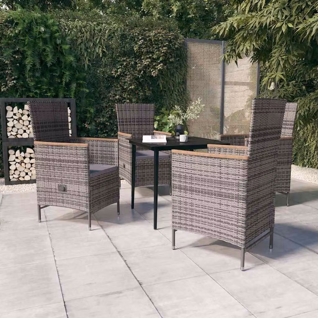 Set da pranzo da giardino vidaXL in polyrattan con tavolo in vetro e 5 sedie con cuscini grigi e neri
