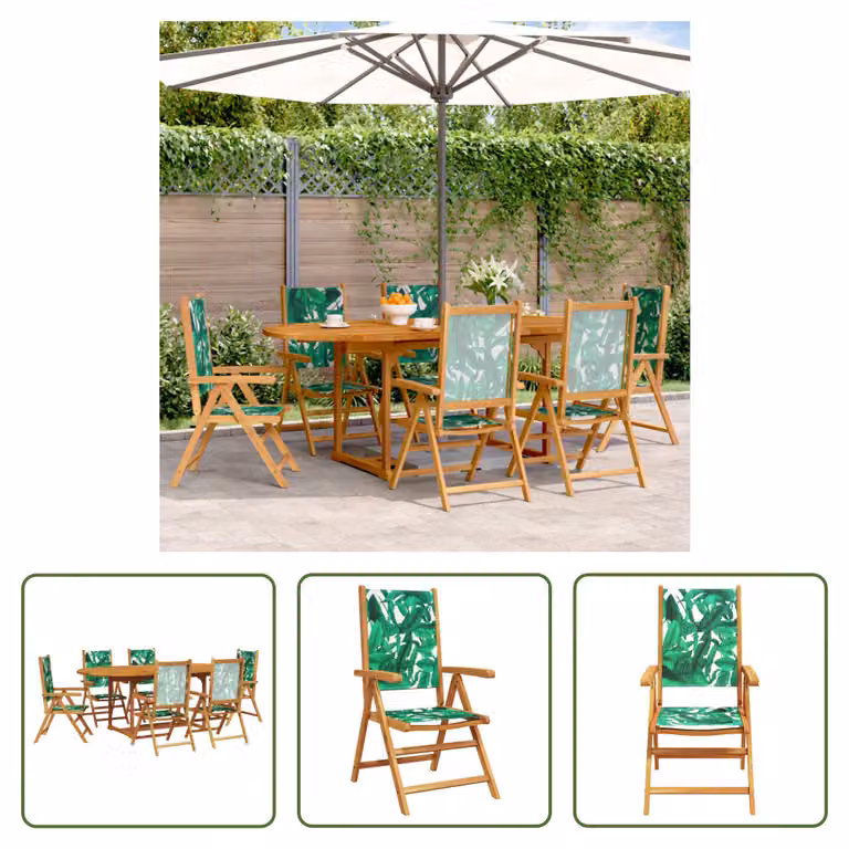 The Living Store Set da pranzo da giardino 7 pezzi in tessuto e legno massiccio motivo foglie