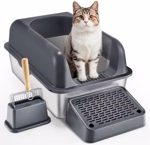 Lettiera per Gatti XL VEVOR in Acciaio Inox Grigio Scuro con Paletta e Pedana Filtrante, L/P/H: 60 x 40 x 30 cm
