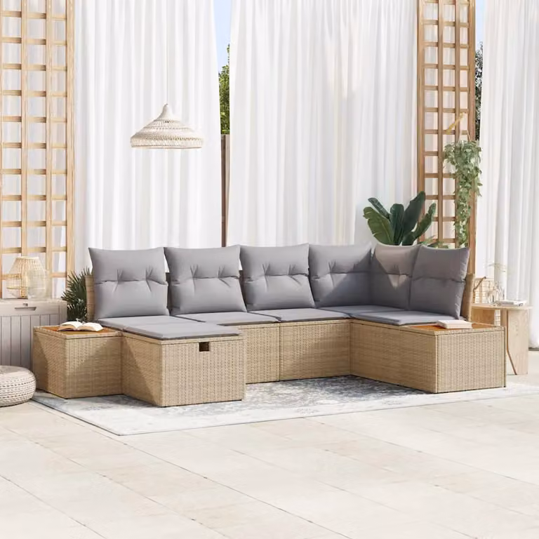 Set Divano da Giardino a L con Polyrattan e Cuscini Beige vidaXL 6 Pezzi