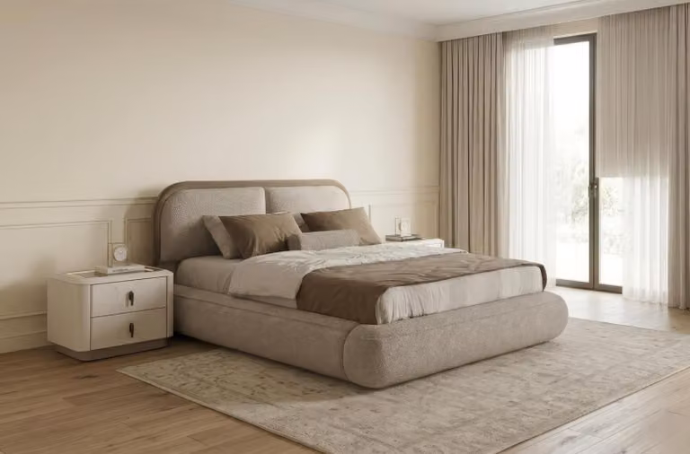 Set per camera da letto: letto, comodini, design moderno, beige, lussuoso, imbottito