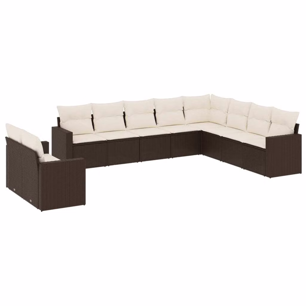 Set Divani da Giardino 10pz con Cuscini in Polyrattan Marrone