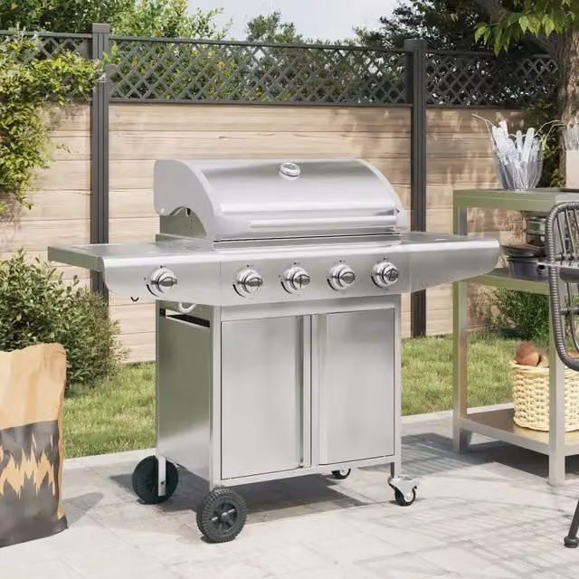 Griglia Barbecue a Gas con 5 Bruciatori Argento in Acciaio 367592
