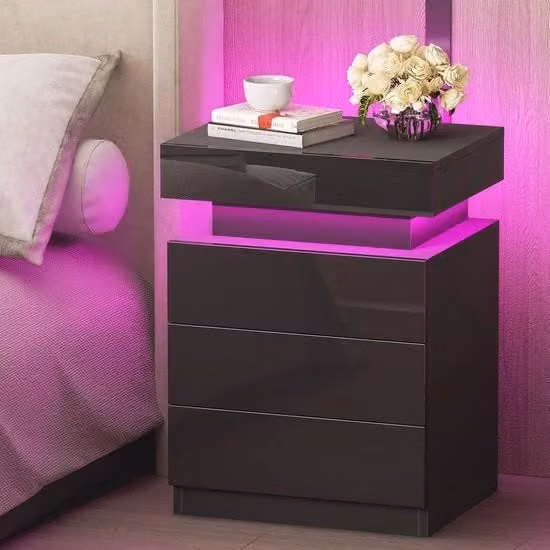 Comodino con 3 cassettoni e illuminazione LED RGB - Comodino lucido in legno per camera da letto e soggiorno