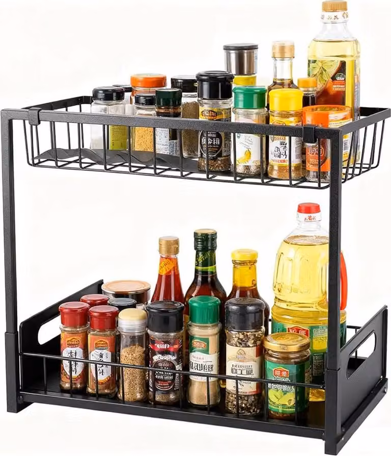 Ripiano portaoggetti per cucina - Organizzatore estraibile per armadietti da cucina - 2 ripiani - Cesto in metallo - Adatto per armadietti profondi - Nero