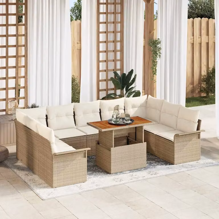 Set Divano da Giardino vidaXL 10 Pezzi in Polyrattan Beige con Cuscini e Struttura in Metallo