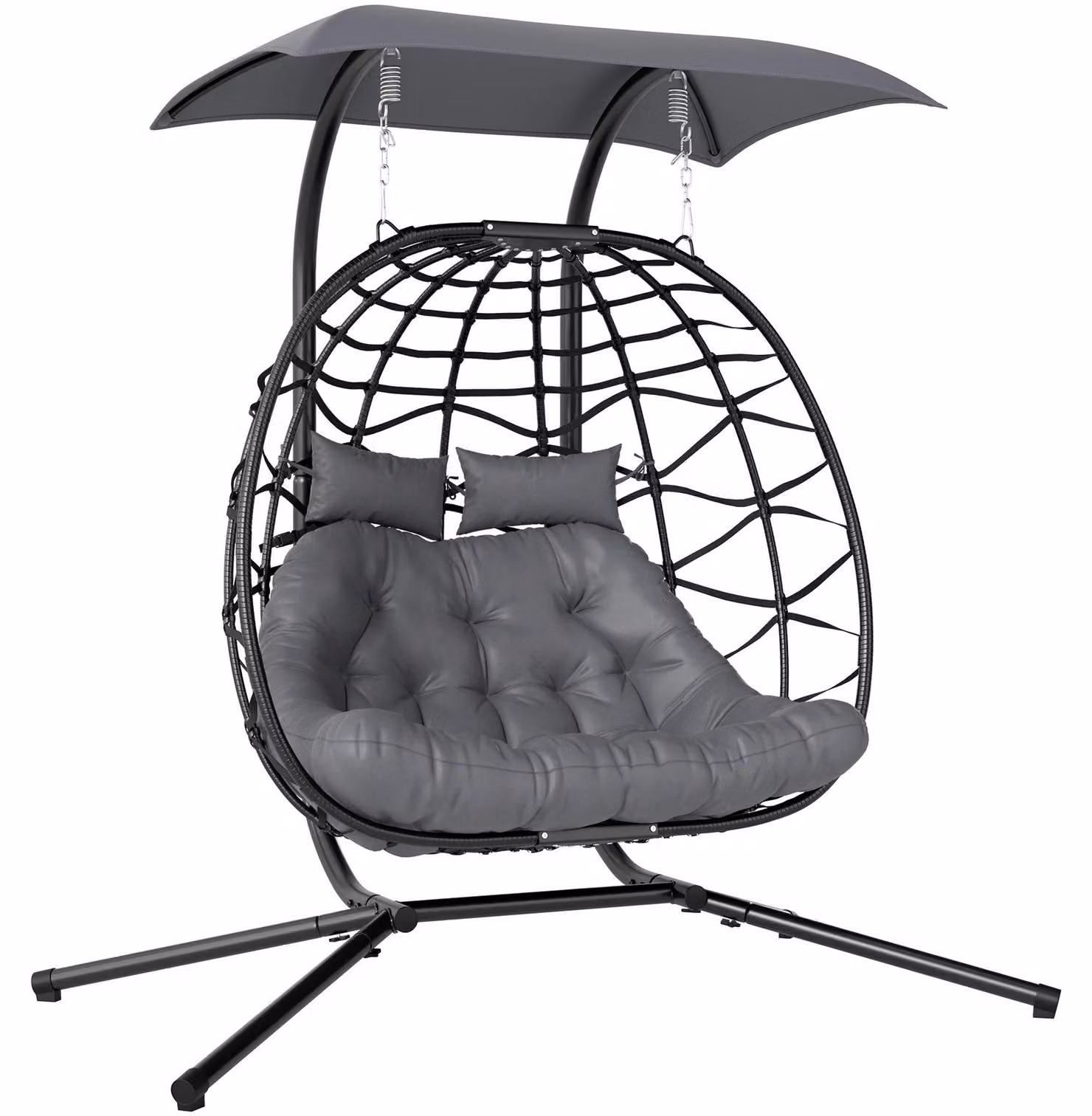 Sedia a dondolo con struttura - Cesto sospeso pieghevole - Per 2 persone - Con cuscini - Tenda parasole - Realizzata in acciaio e rattan in polietilene - Colore grigio scuro