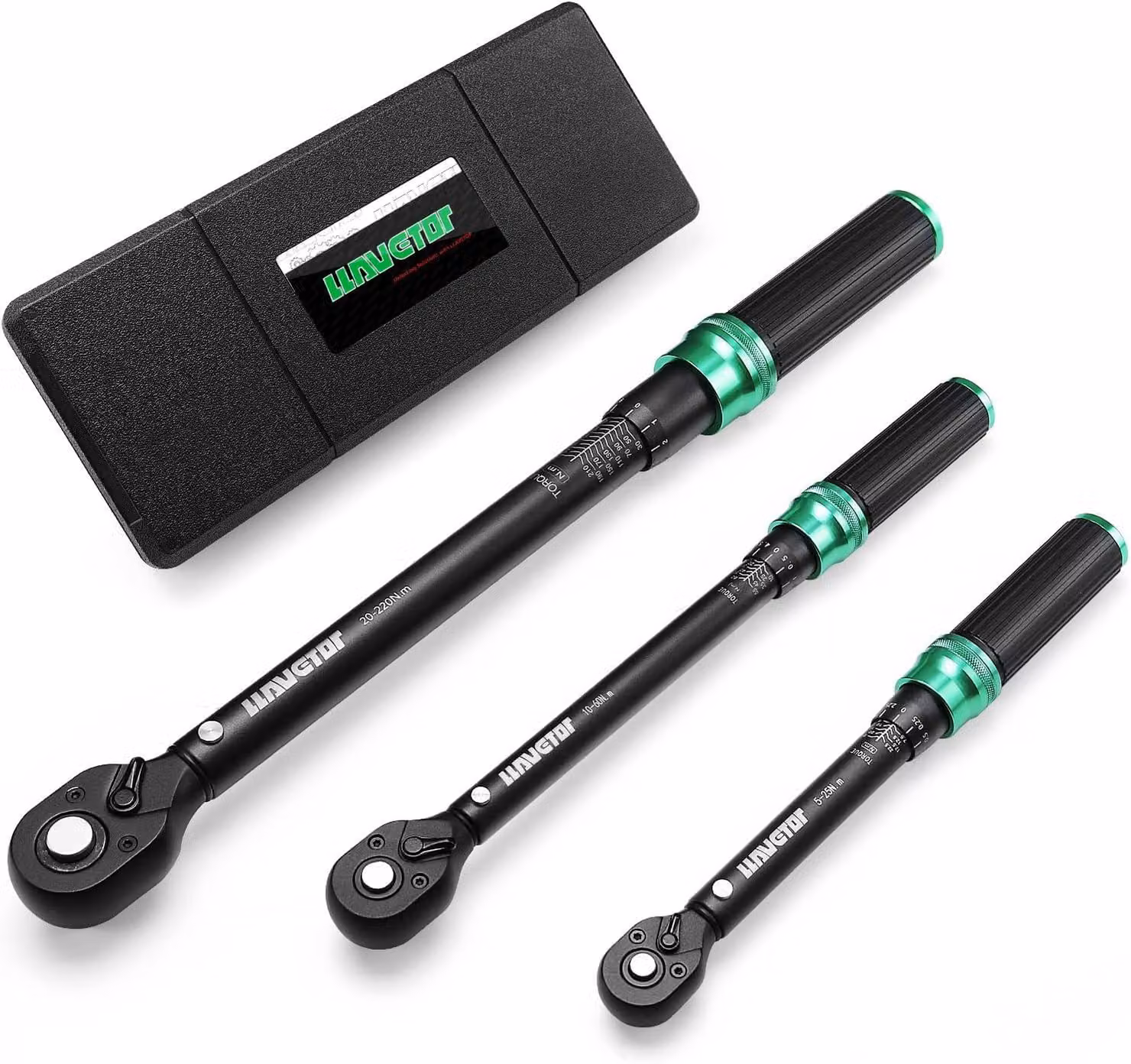 Set di chiavi dinamometriche, 3 pezzi, con gamme da 5-25 Nm, 10-60 Nm e 20-220 Nm, colore verde