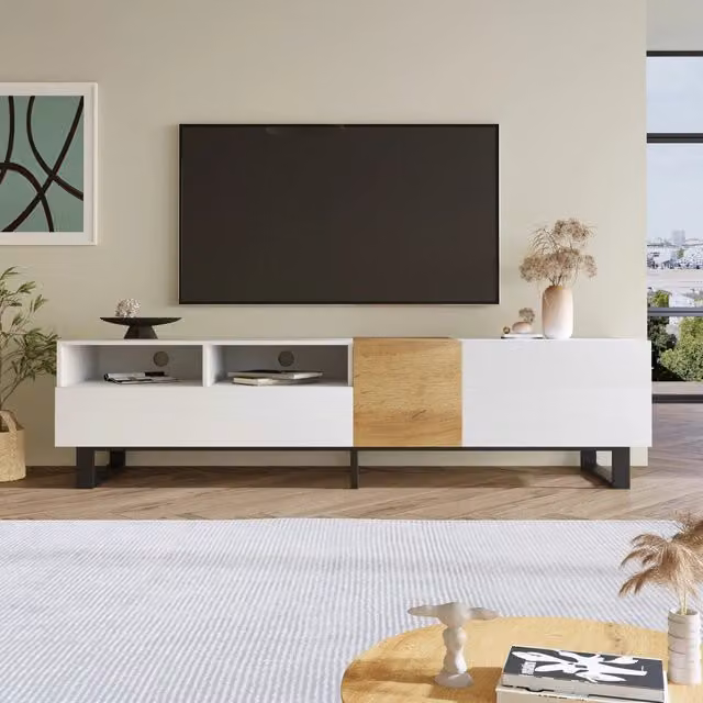 Mobile TV Moderno Design Minimalista, Bianco e Legno, 180 x 50 x 38 cm