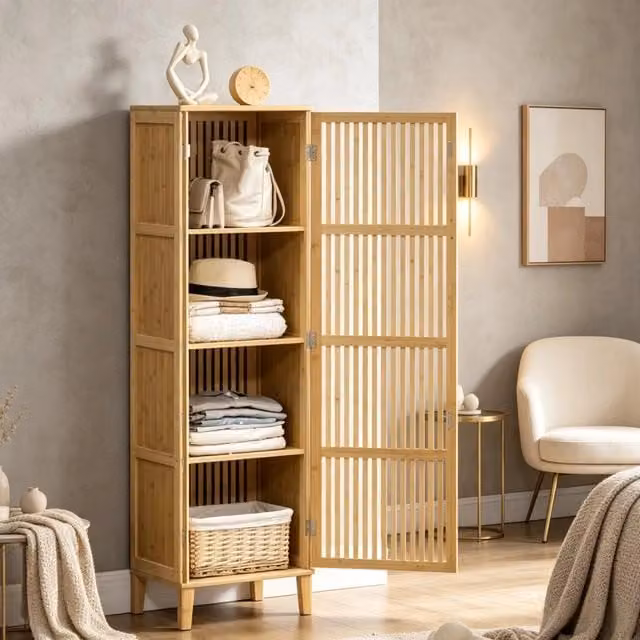 ARMADIO Portaoggetti REDOM in Bambù Beige con Ante a Battente e Ripiani Interni L/P/H: 40 x 30 x 140 cm