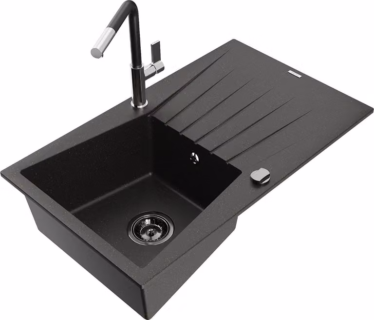 Mexen Cesar lavello in granito a 1 vasca con scolapiatti e rubinetto da cucina Flora, nero/oro metallizzato