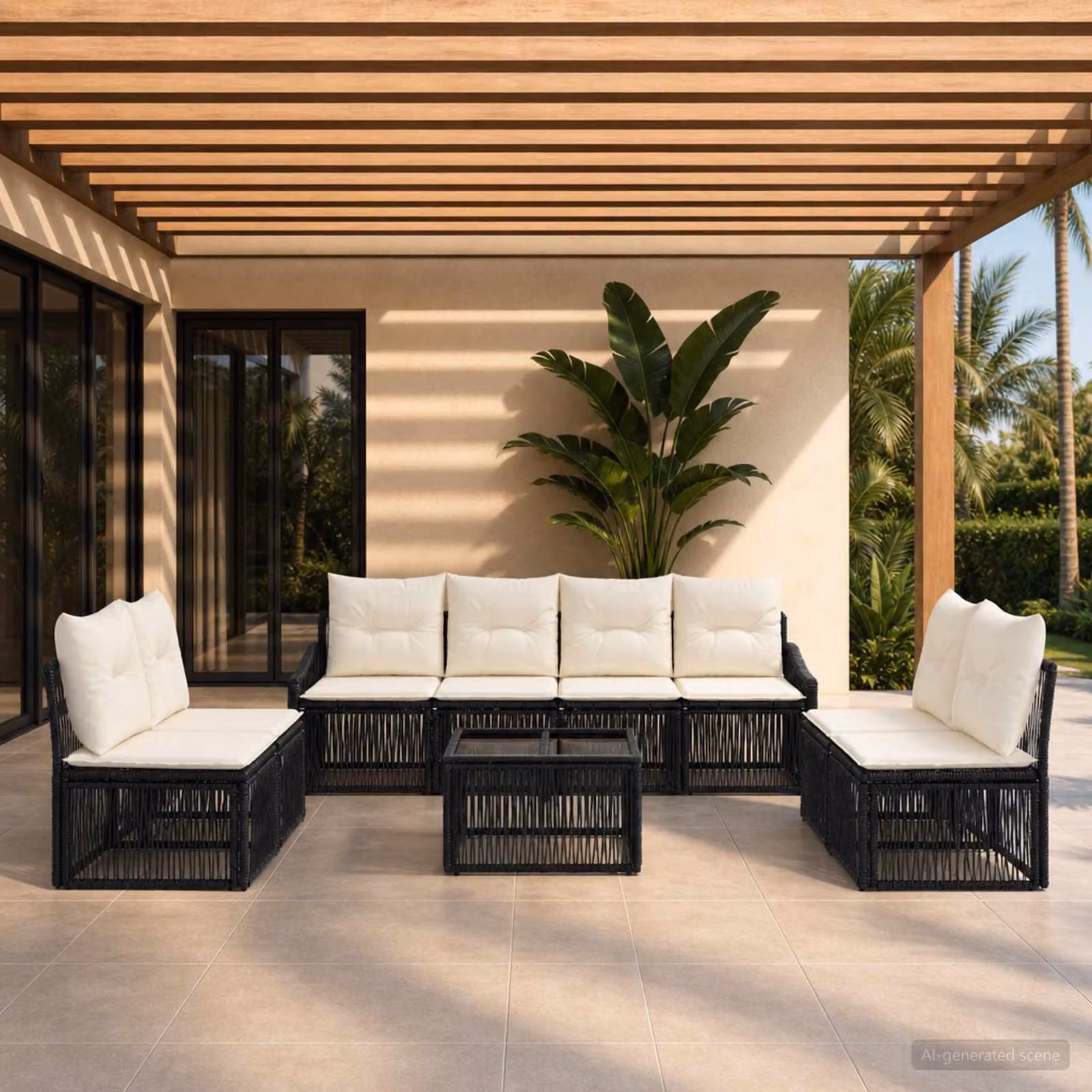 Set Divano da Giardino vidaXL 9 pz a forma di U in Polyrattan Nero con Tavolino e Cuscini Imbottiti